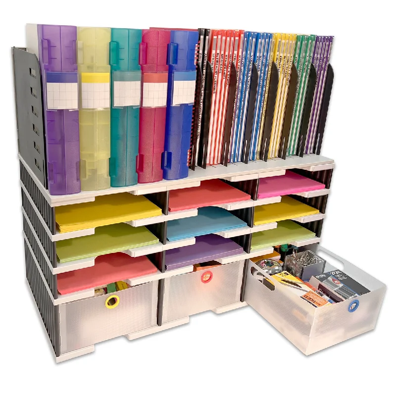 desktop storage box for home office accessories-Desktop Organizer 9 Slot Sorter, Riser Base, Vertical File Top & 3 Storage Drawers - Uses Vertical Space to Store All of Your Documents, Files, Binders and Supplies in Clear View & Within Arm's Reach