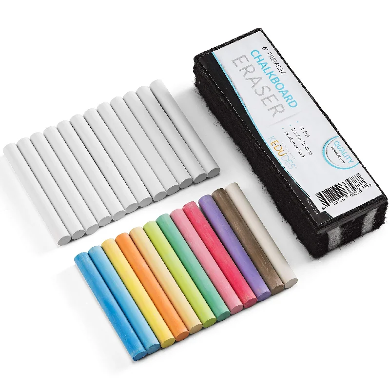 office supplies for project management teams-Dustless Chalk With Eraser (24pk) - 12 Colored Chalkboard Chalk + 12 White Chalk