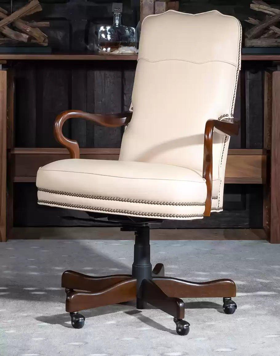 rolling desk chair with silent movement -Elegant Ivory Leather Desk Chair