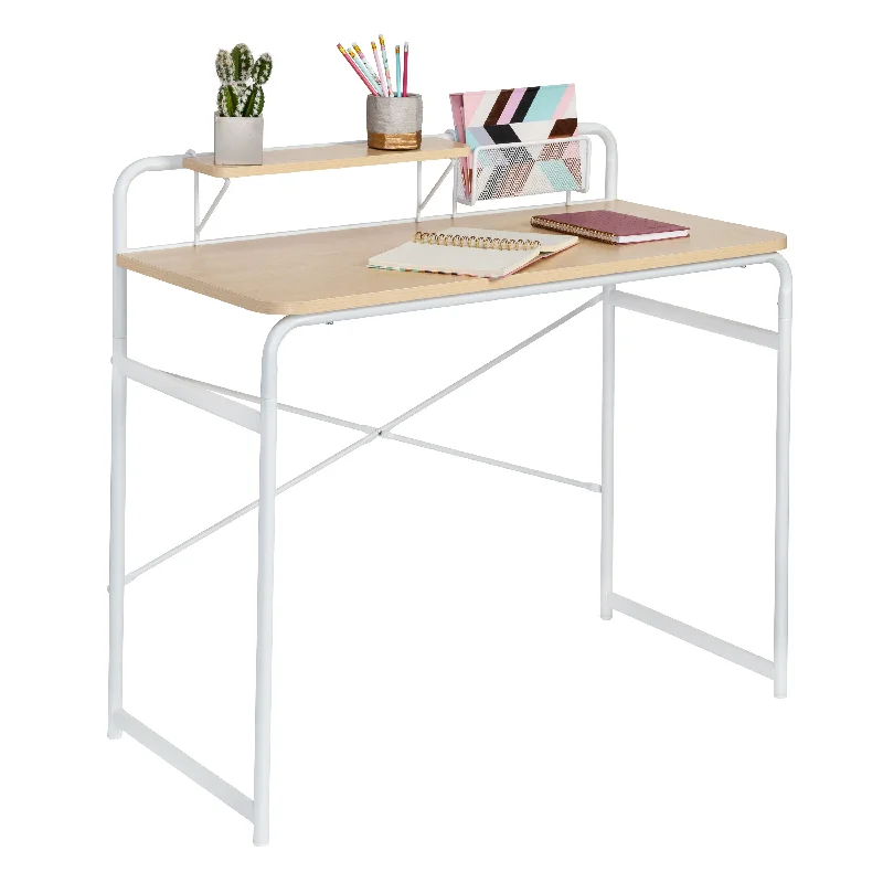 sleek black office desk-White/Natural Home Office Desk with Shelf and Basket