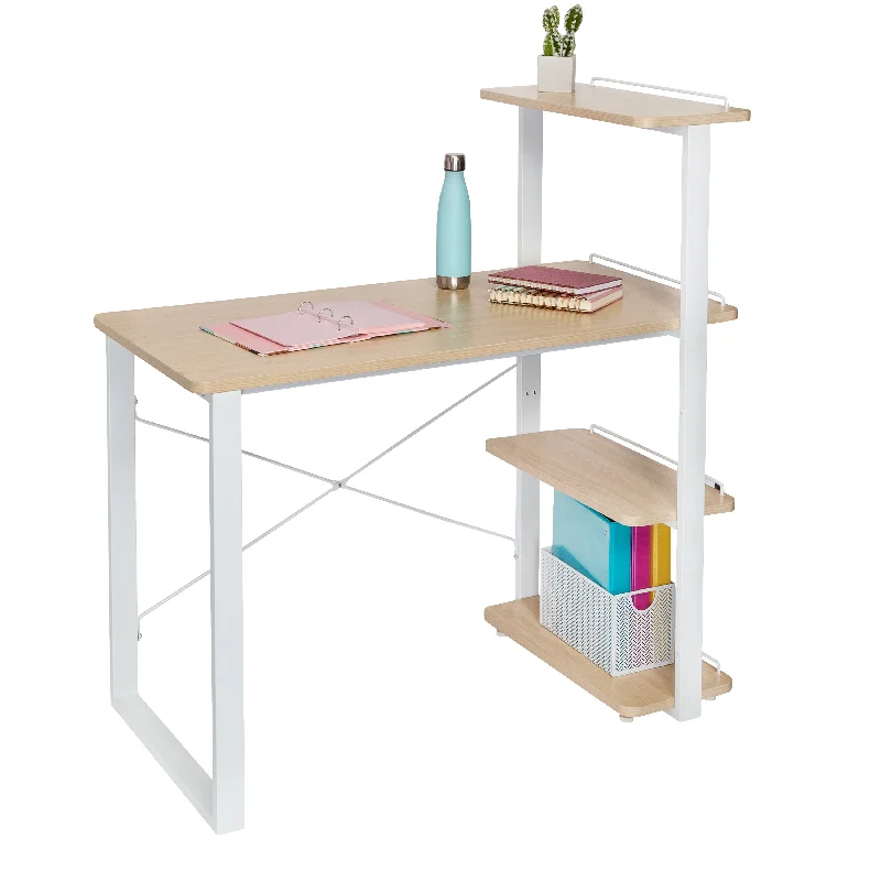 contemporary executive desk-White/Natural Home Office Computer Desk with Shelves