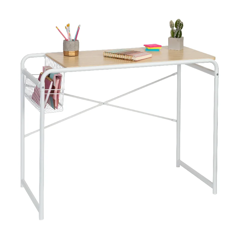 L-shaped gaming desk-White Home Office Computer Desk with Side Basket