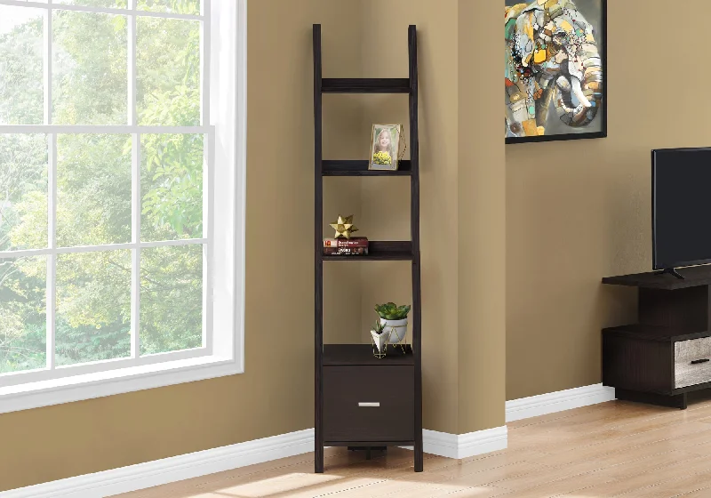 bookshelf with adjustable units for home and office -Bookcase - 69"H / Cappuccino Corner Etagere W/ Drawer