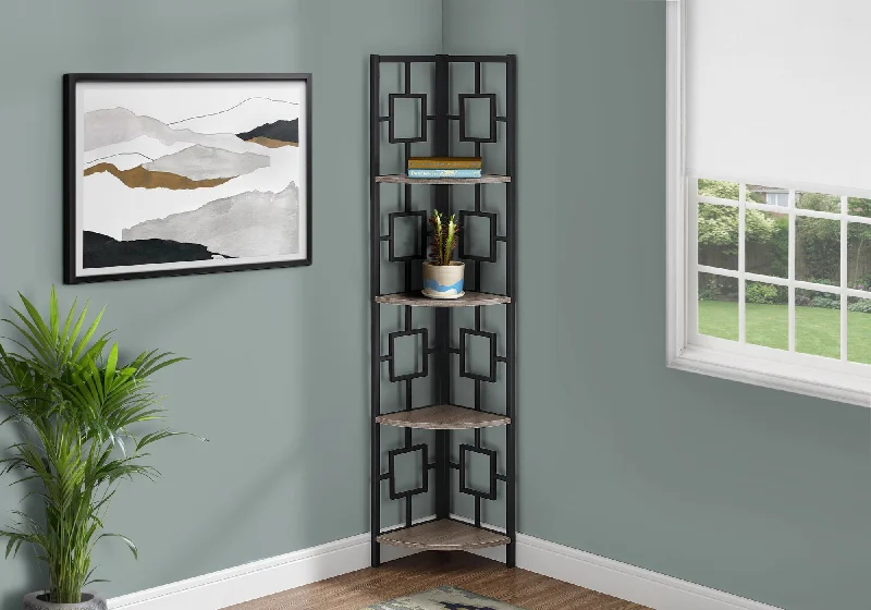 bookshelf for lightweight materials and easy setup -Bookcase - 62"H / Dark Taupe / Black Metal Corner Etagere