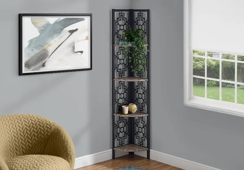 bookshelf for enhancing living room or bedroom style -Bookcase - 62"H / Dark Taupe / Black Metal Corner Etagere