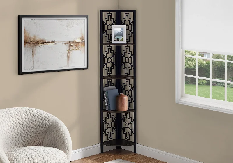 bookshelf for adding character to home interiors -Bookcase - 62"H / Espresso / Black Metal Corner Etagere