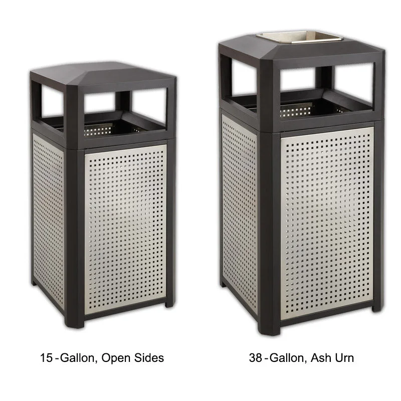 large-garbage-bin-with-lid-Indoor/Outdoor Steel Trash Can w/ Stainless Side Panels, Black & Silver