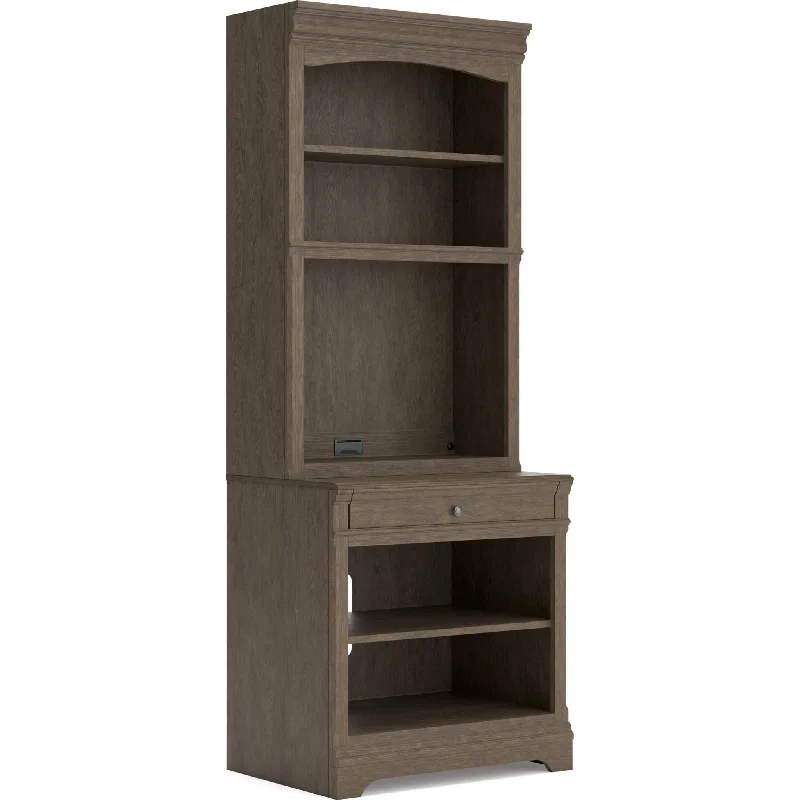 bookshelf for storing kitchen essentials and cookbooks -Janismore Bookcase - Weathered Gray