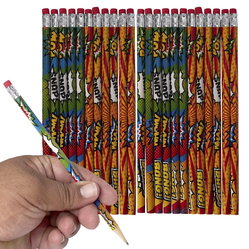 office supplies for organizing work projects-Kicko Comic Book Pencil Assortment - 24 Pack Assorted Colorful Superhero Pencils