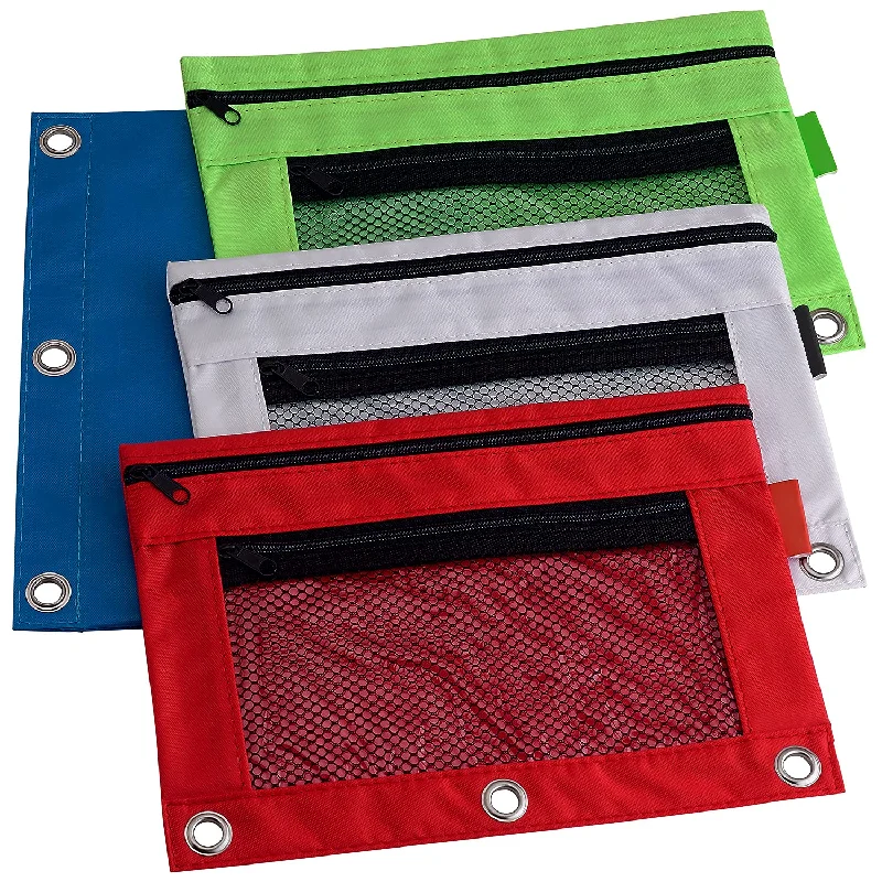 office supplies store near me-Kicko Pencil Case  3 Ring Pouch with Mesh Window- Assorted Basic Colors Binder Pouch