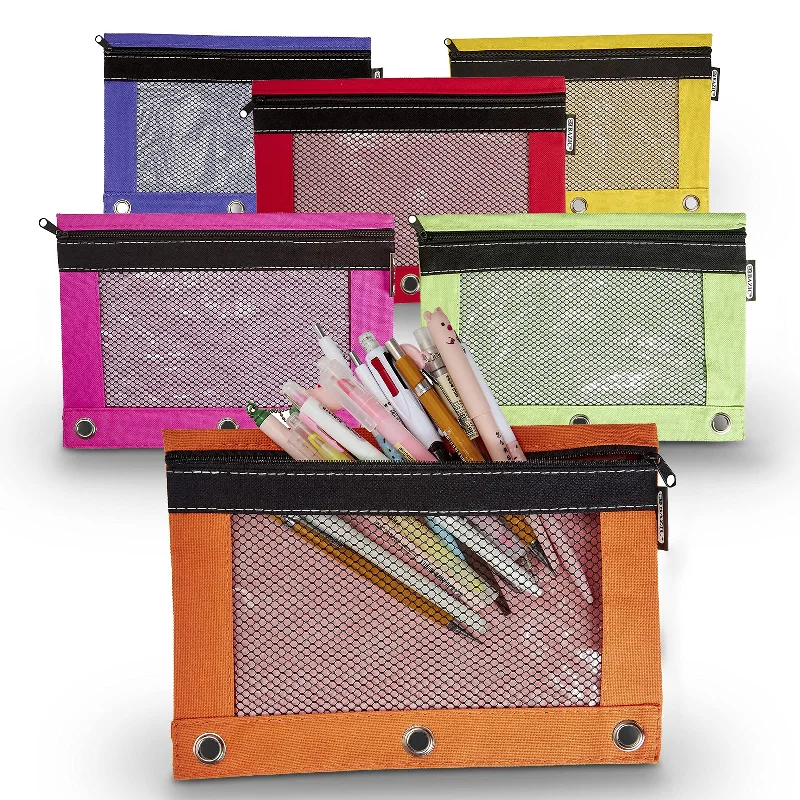 office supplies for organizing meetings-Kicko Pencil Case - 3 Ring Pouch with Mesh Window - Assorted Bright Colors Binder Pouch