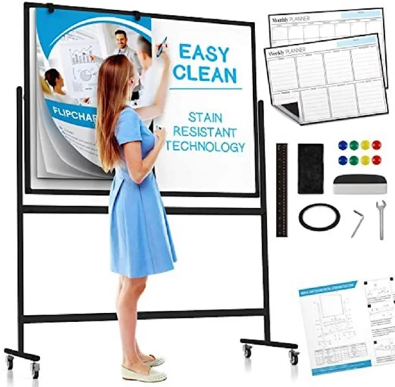 office supplies for innovative office projects-Large Black Mobile Rolling Whiteboard On Wheels: Stain Resistant Technology - 48