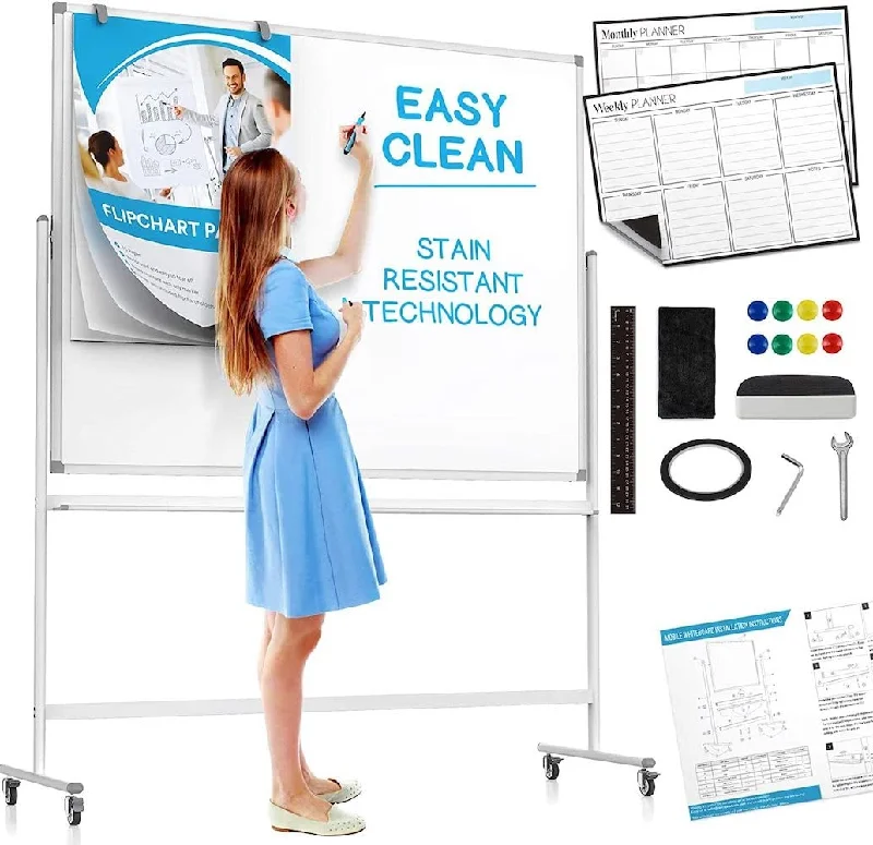 office supplies for enhancing office teamwork-Large Mobile Rolling Whiteboard On Wheels (48x36") Includes Big Flipchart Pad,