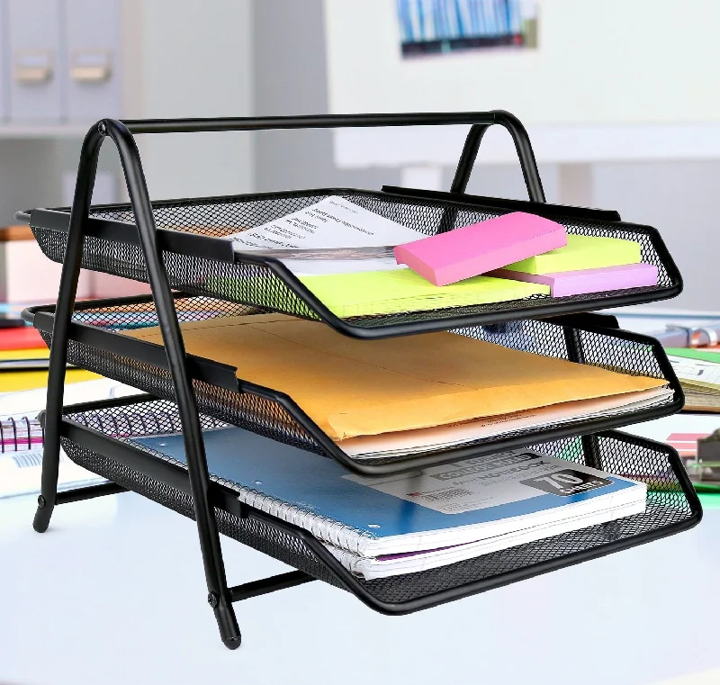 modern desktop storage box with storage drawers-Letter Tray Desk Organizer, 3-Tier Mesh Paper Tray, Document, Letter, Office