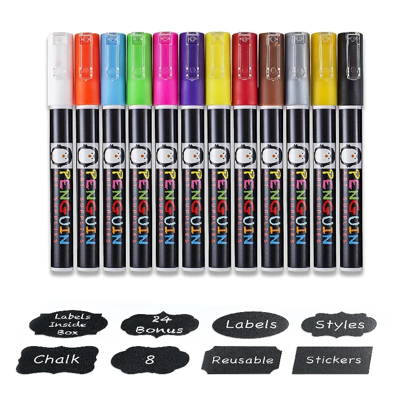 office supplies for creating company reports-Liquid Chalk Markers - 12 Fine Tip Chalk Pens (3Mm) + 24X Chalkboard Stickers - Dry Erase