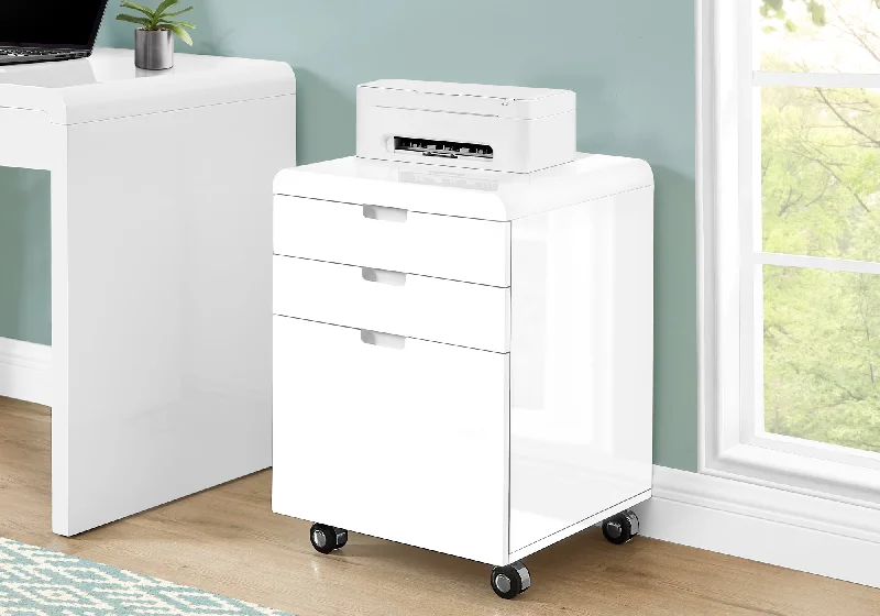 rolling filing cabinet with silent wheels -Monarch Filing Cabinet 3 Drawer High Glossy White Castors