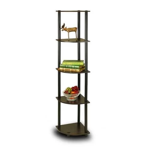 bookshelf with practical design for living spaces -5-Tier Corner Display Shelf Bookcase in Espresso & Black