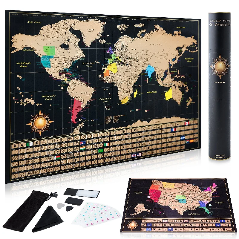 office supplies for business file organization-Scratch Off World Map Poster And Deluxe United States Map  Includes Complete