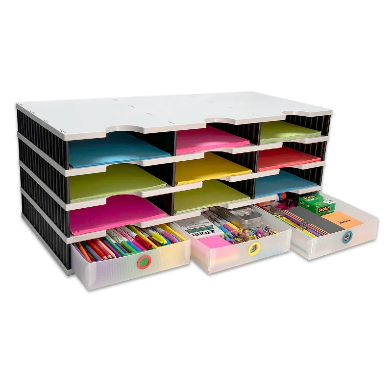 desktop storage box with adjustable sections-TierDrop Desktop Organizer 12 Letter Tray Sorter with 3 Supply Drawers - Stores All of Your Documents, Forms, & Frequently Used Supplies in Clear View and Within Arm's Reach, Using Minimal Desk Space