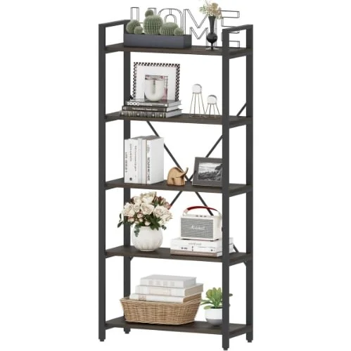 bookshelf with premium wood finish -Tribesigns Wide 5-shelf Bookshelf - Industrial Etagere Bookcase Display Shelf Unit