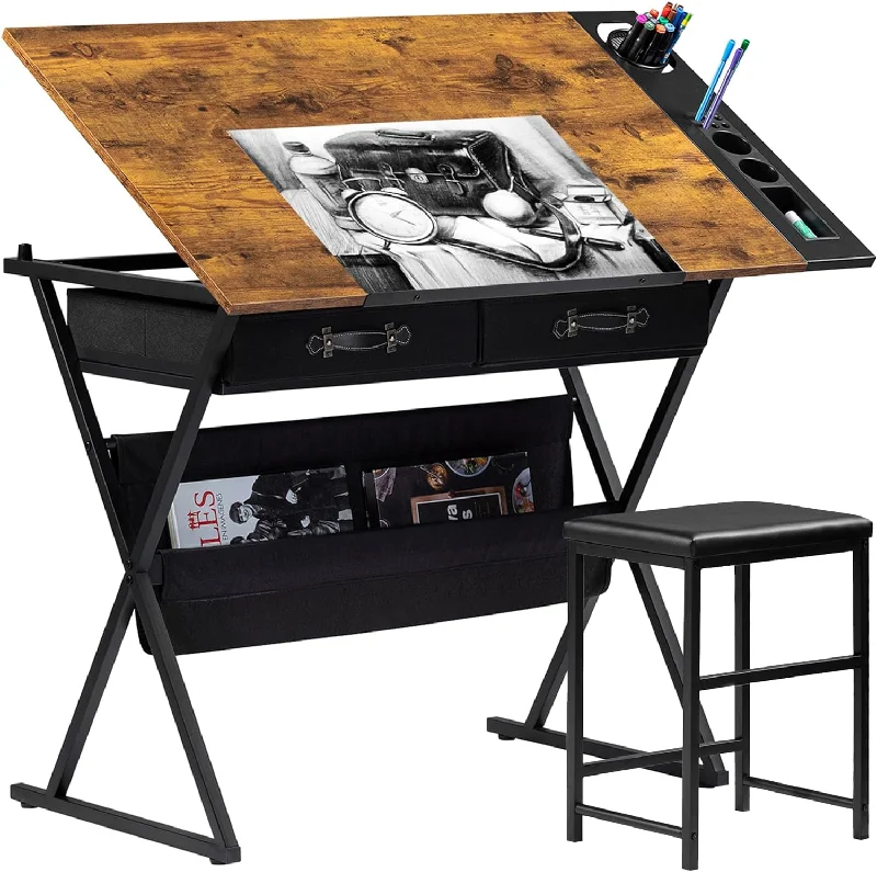 durable steel frame desk-VECELO Drafting Table Adjustable Desk Tilted Tabletop with 2 Storage Drawers and Stool