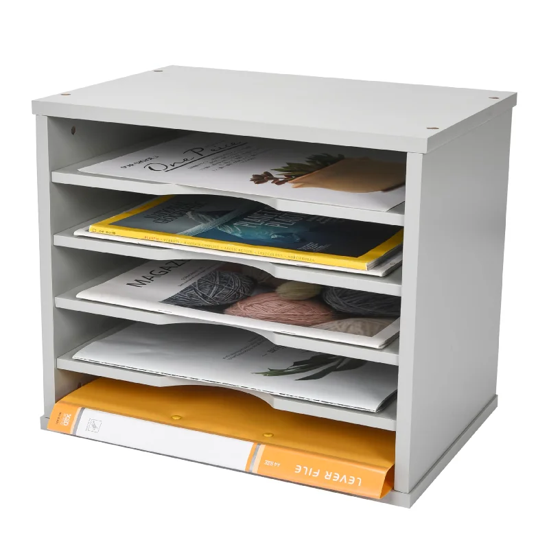 desktop storage box with small drawers-Wooden Desk Shelf Organizer Grey - 5-Tier Shelf File Organizer - Storage