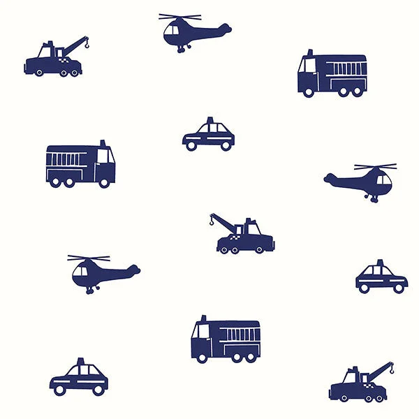 wallpaper with statement prints-Briony Navy Vehicles Wallpaper from the Fable Collection