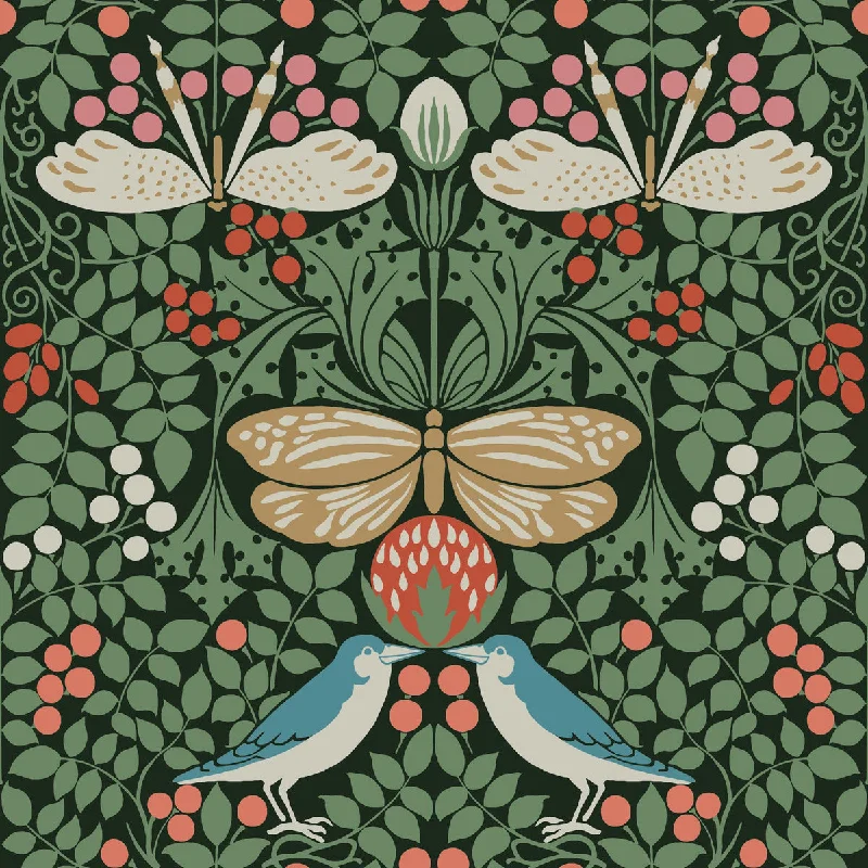 wallpaper for modern vintage spaces-Butterfly Garden Green Wallpaper from the Arts and Crafts Collection