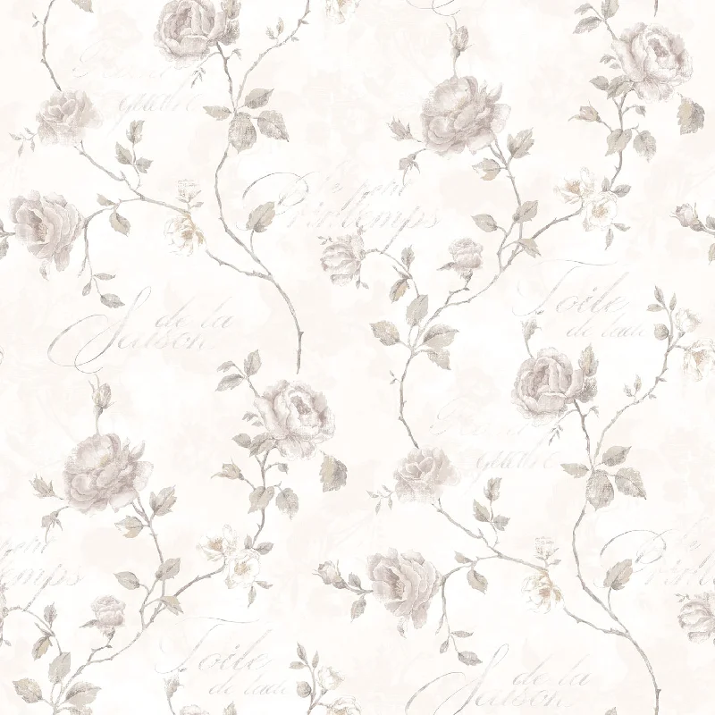 wallpaper for bohemian-inspired rooms-Calligraphy Rose Neutral Wallpaper from the Vintage Roses Collection