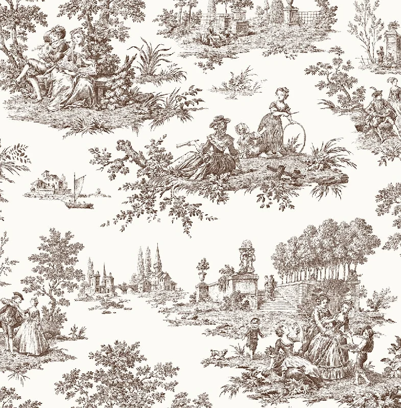 wallpaper with soft tones-Chateau Toile Sable Brown Peel-and-Stick Wallpaper