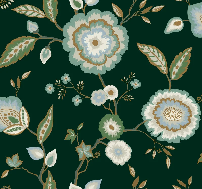 wallpaper for luxury home interiors-Dahlia Blooms Forest/Seafoam Wallpaper from the Greenhouse Collection