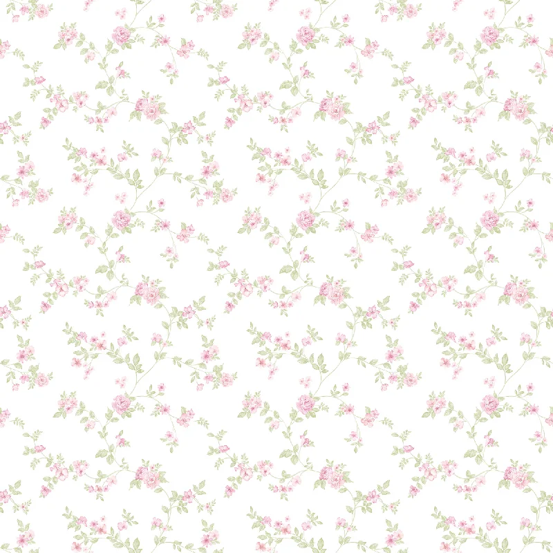 wallpaper for high-end interiors-Delicate Floral Pink/Green Wallpaper from the Small Prints Collection