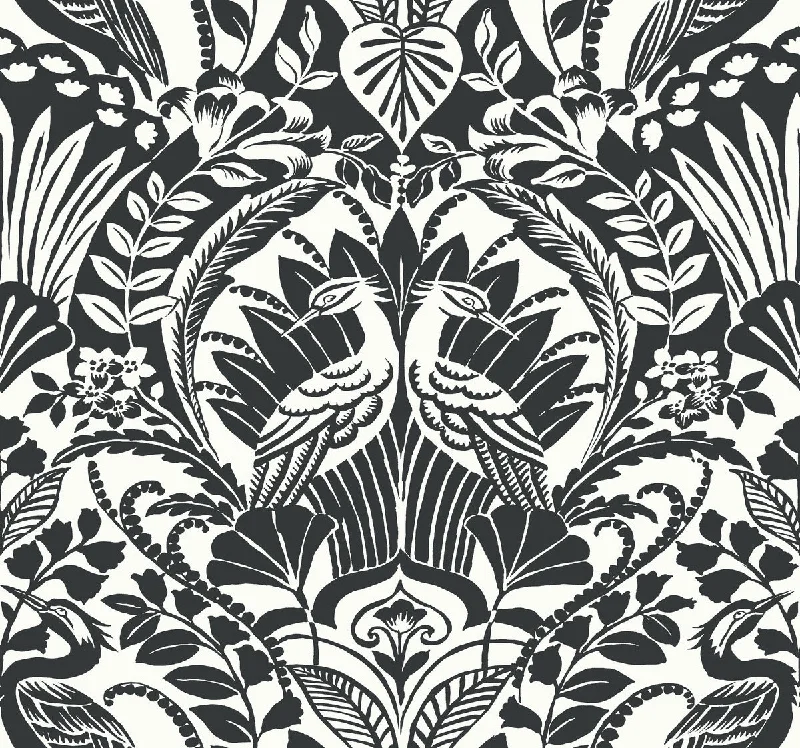 wallpaper with retro color schemes-Egret Damask Wallpaper in Black/White from Damask Resource Library