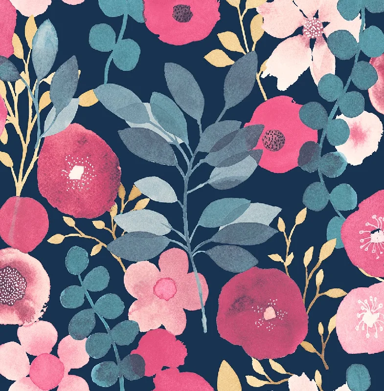 wallpaper for minimal home decor-Garden Dance Navy & Magenta Peel-and-Stick Wallpaper