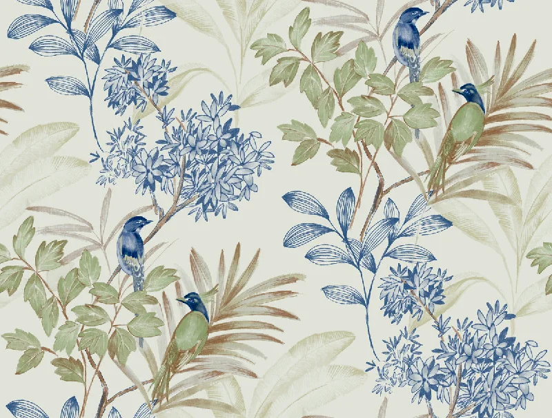 wallpaper for nature-inspired feature walls-Handpainted Songbird Wallpaper in Green/Blue from the Handpainted Traditionals Collection