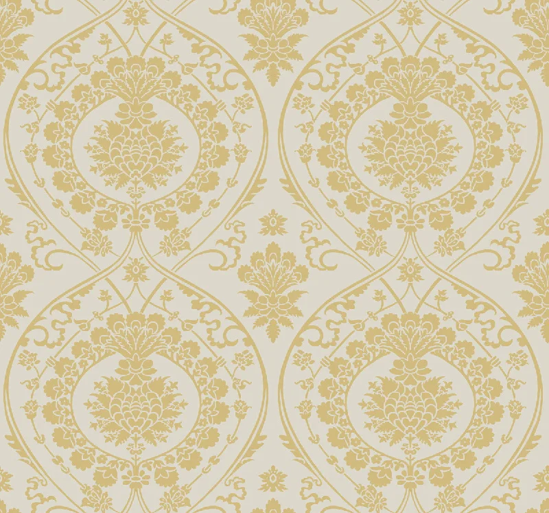 wallpaper for sophisticated bedroom decor-Imperial Damask Wallpaper in Linen/Gold from Damask Resource Library