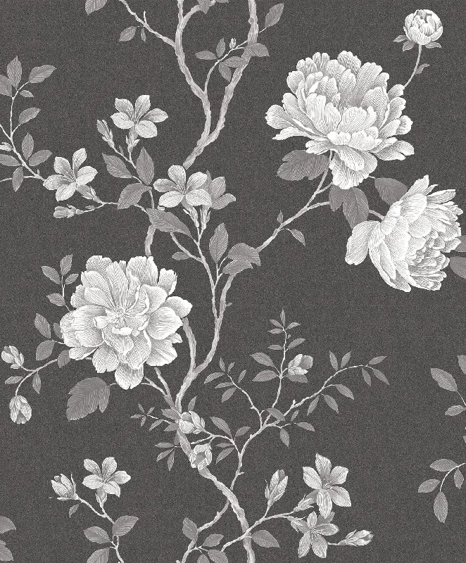 wallpaper for luxury lounge areas-Large Rose Trail Charcoal/White Wallpaper from the Vintage Roses Collection