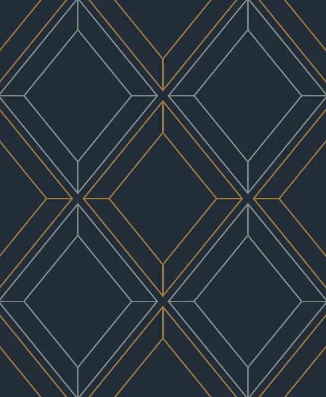 wallpaper with green and gold accents-Linework Gem Midnight Blue & Metallic Gold from the Etten Geometric Collection