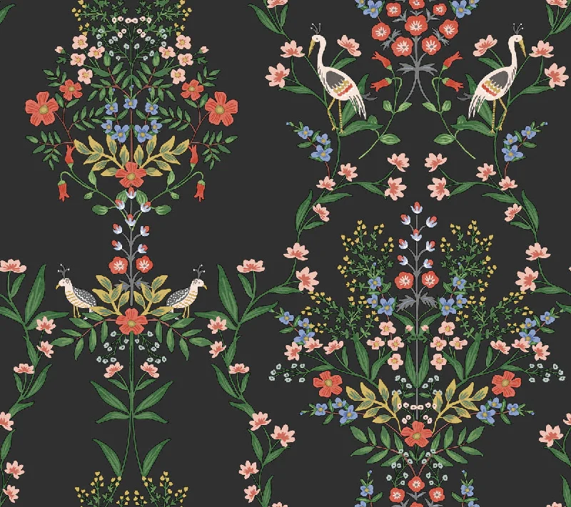 wallpaper with botanical green colors-Luxembourg Wallpaper in Black from the Rifle Paper Co. 2nd Edition