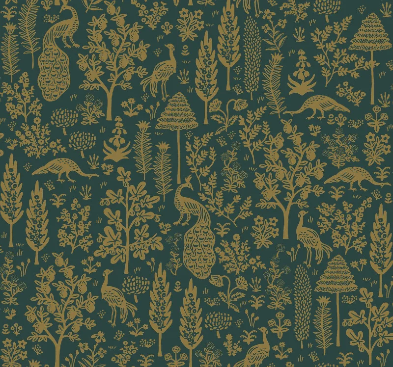 wallpaper with vintage color schemes-Menagerie Toile Wallpaper in Emerald/Gold from the Rifle Paper Co. 2nd Edition