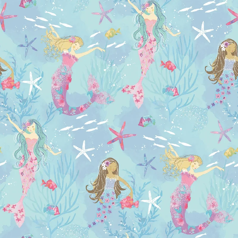 wallpaper with colorful striped designs-Mermaids Turquoise/Glitter Wallpaper from the Tiny Tots 2 Collection