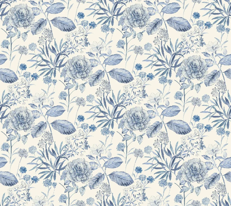 wallpaper with playful modern designs-Midsummer Floral Wallpaper in Blue from the Handpainted Traditionals Collection