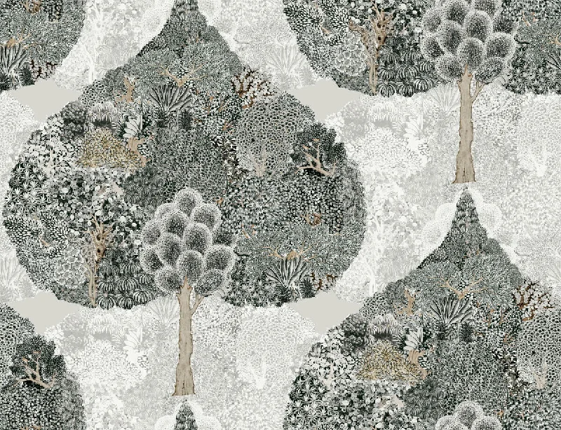 wallpaper with cool metallic effects-Mystic Forest Wallpaper in Black from the Bohemian Luxe Collection by Antonina Vella