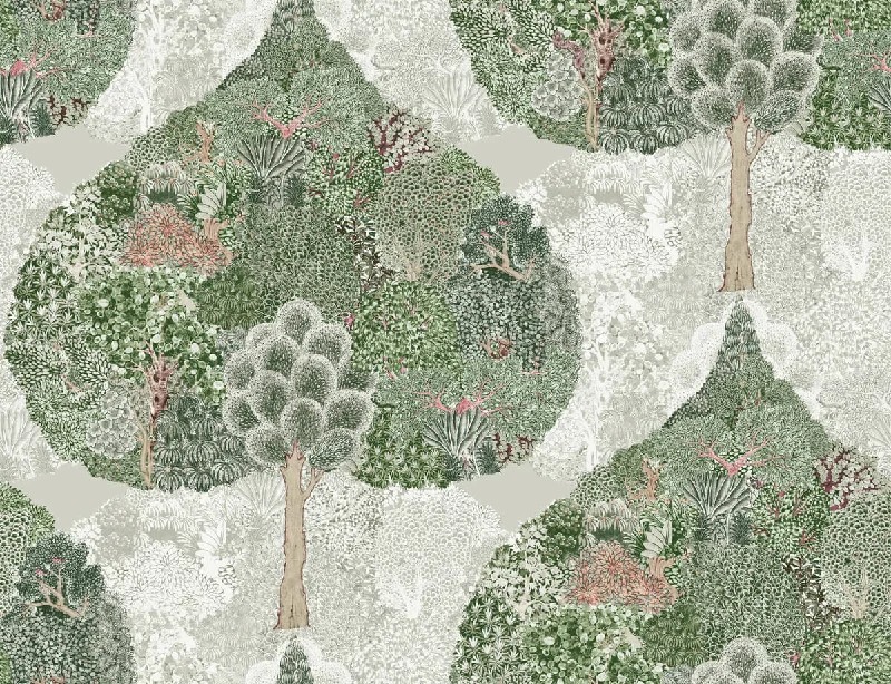 wallpaper with luxurious accents-Mystic Forest Wallpaper in Green/Coral from the Bohemian Luxe Collection by Antonina Vella