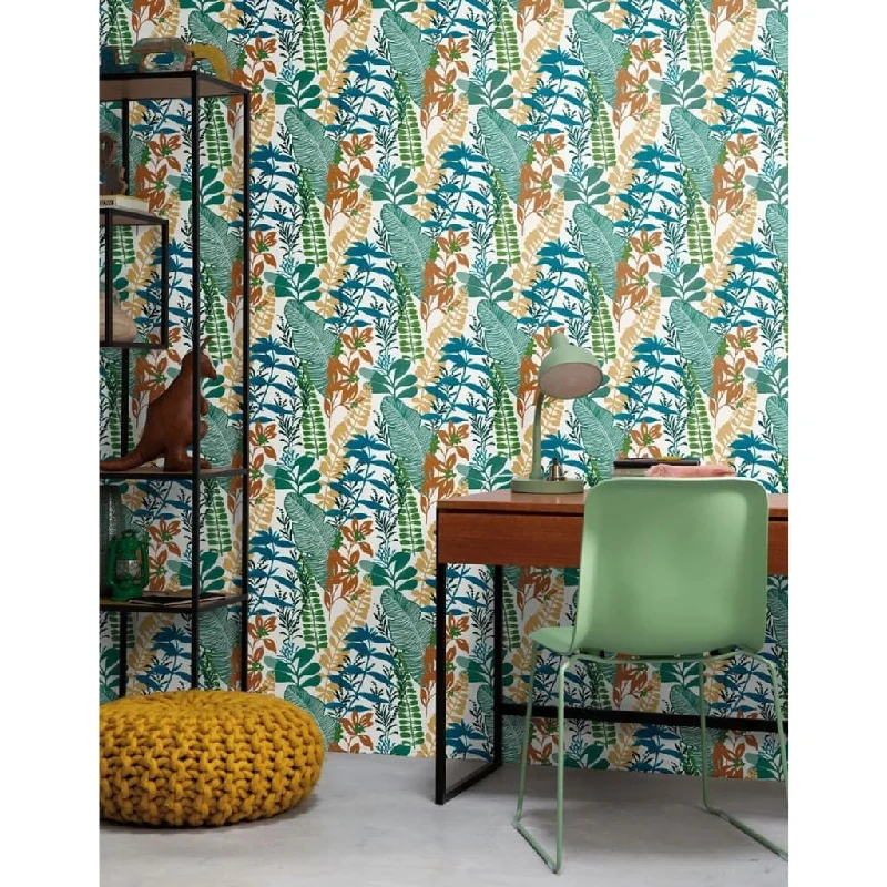 wallpaper with vintage colors-Noordwand Good Vibes Wallpaper Big Leaves Blue and Green