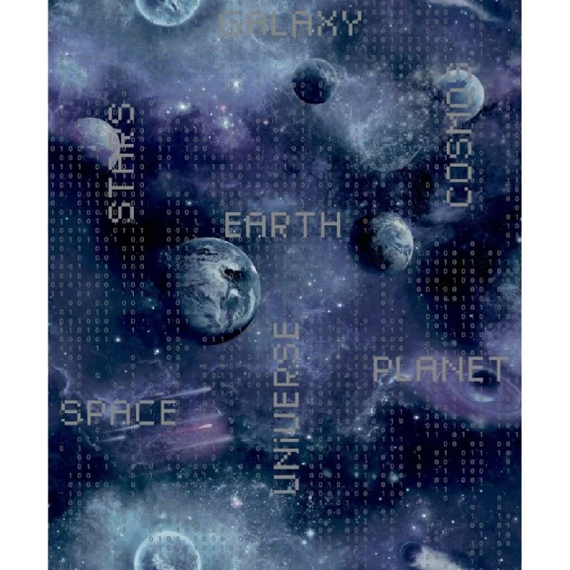 wallpaper for creative kids room-Noordwand Good Vibes Wallpaper Galaxy Planets and Text Black and Purple