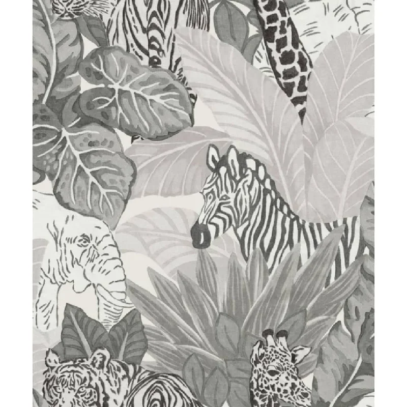 wallpaper for farmhouse living room-Noordwand Good Vibes Wallpaper Jungle Animals Grey and Black