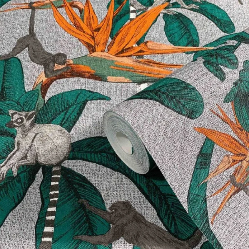 wallpaper with botanical greenery-Noordwand Topchic Wallpaper Monkey Jungle Leaves Green and Grey