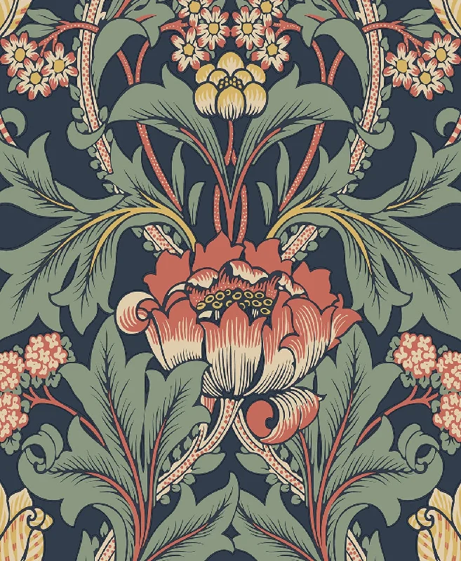 wallpaper with vintage nature patterns-Primrose Floral Denim Blue & Auburn Peel-and-Stick Wallpaper