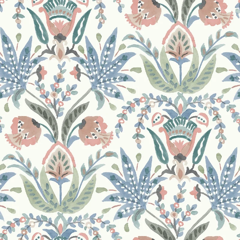 wallpaper with cool geometric motifs-Seaside Jacobean Wallpaper in White/Pink/Blue from the Mediterranean Collection